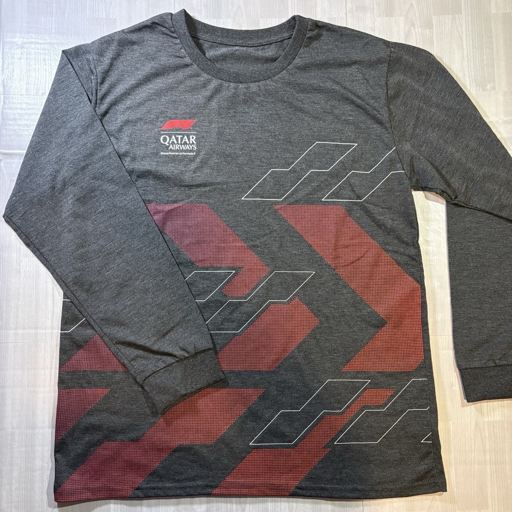 Qatar Airlines Formula 1 Long Sleeve gray T-shirt, Men's Size M Tee Racing F1